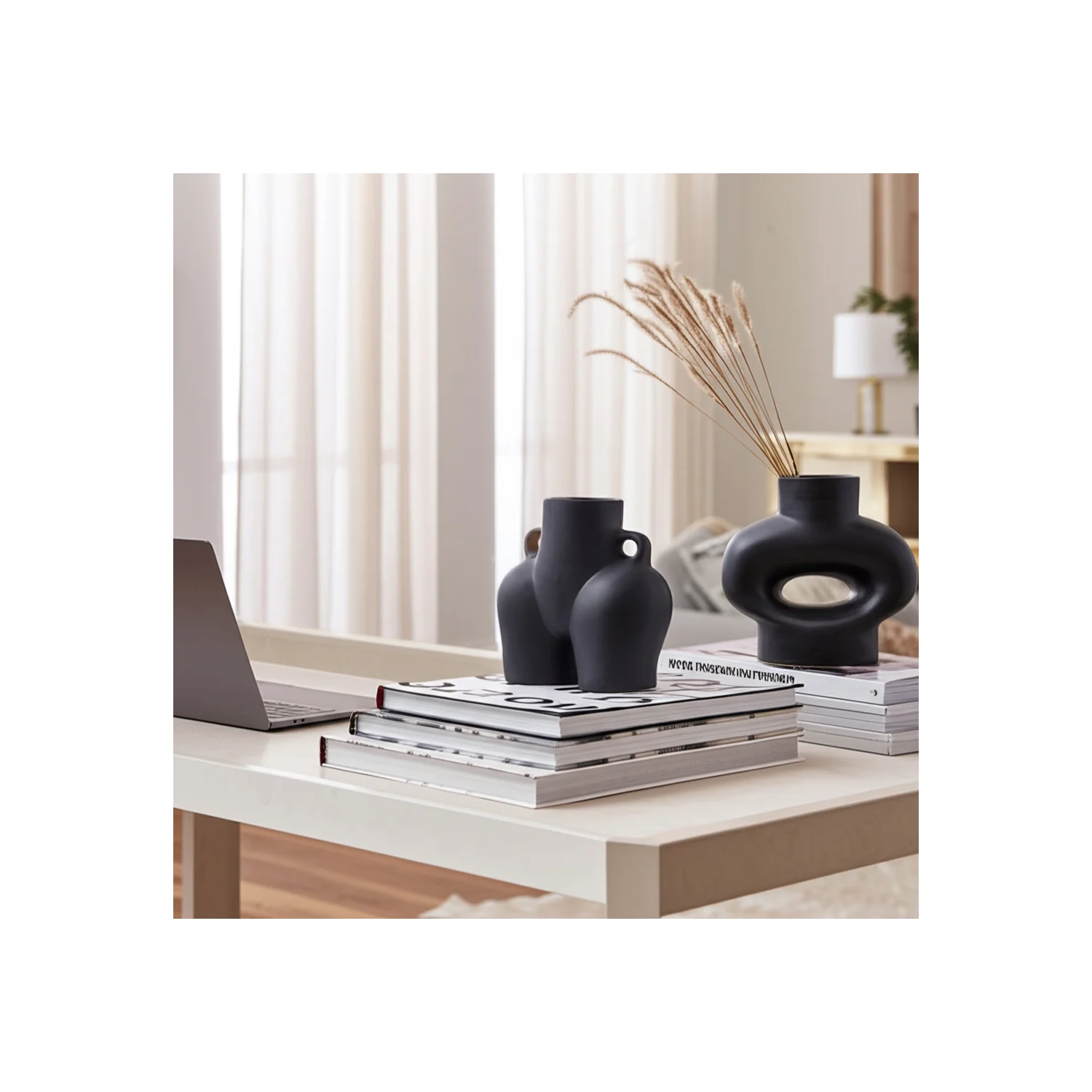 Black Glam Ceramic Vase - Modern Stoneware Decorative Accent for Home, Office, Bedroom, Living Room - Unique Artistic Design - 8" Black