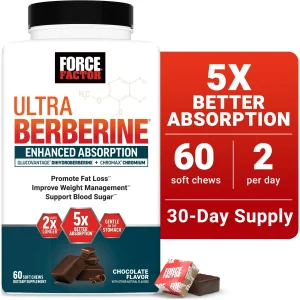 Force Factor Ultra Berberine Enhanced Absorption for Fat Loss, Blood Sugar & Metabolism Support, Gentle on The Stomach, Chocolate, 60 Soft Chews